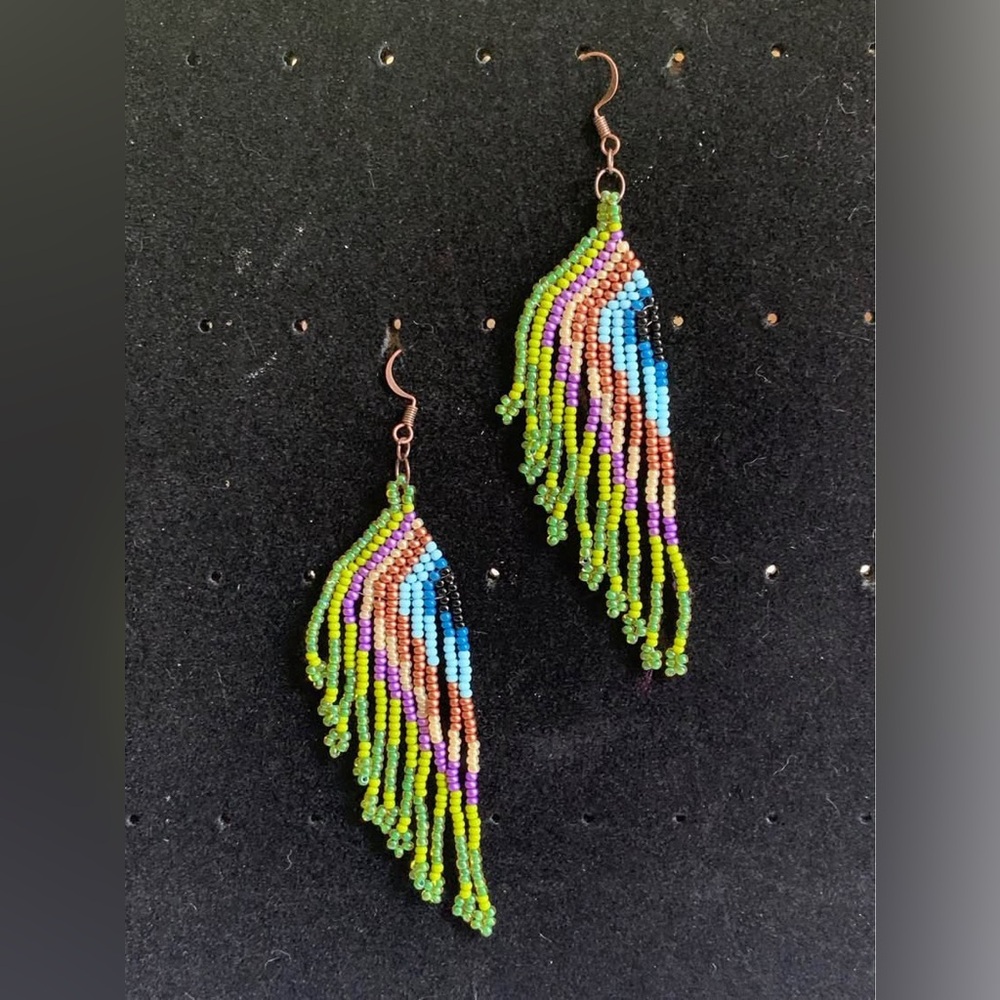 Handmade Peacock Seed Bead Fringe Earrings